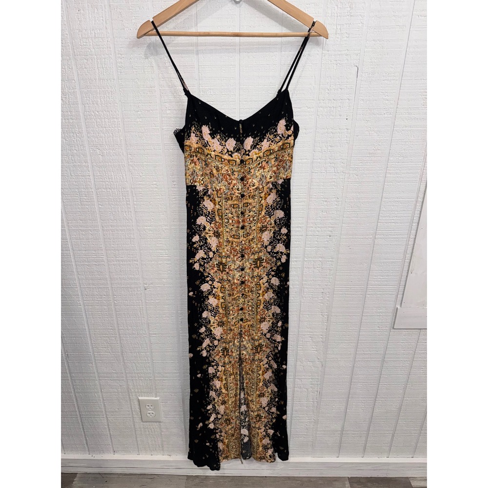 Intimately Free People Slip Dress Women Black Floral Boho Button Maxi Size S